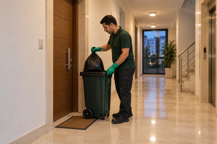 Apartman kapısından bağlı evsel atık poşetinin toplanması