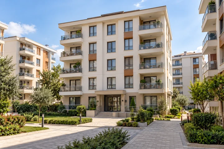 Apartmanların bulunduğu ağaçlıklı sokak